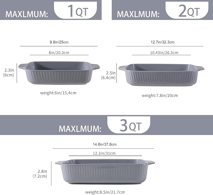 Yachi Ceramic Casserole Dishes for Oven Set of 3 Pcs Rectangular Bakeware Set with Handle for Steak Beef Baking Pan Roast Chicken spaghetti Lasagna Pan vegetables Microwave Oven and Dishwasher Safe Gray (14.8''/12.7''/9.8'')