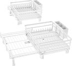 SNTD Dish Drying Rack - Extendable Dish Rack, Large Sink Drying Dish Drainer for Kitchen Counter, Stainless Steel Dish Strainer with Utensil Holder (White)