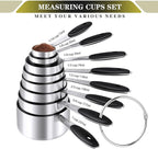Measuring Cups & Spoons Set of 16, BOBIPRO Stainless Steel 8 Nesting Measure Cups Set & 7 double-sided Magnetic Measuring Spoons Set & 1 Leveler for Dry and Liquid Ingredient
