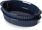 LEETOYI Porcelain Small Oval Au Gratin Pans, Baking Dish Set for 1 or 2 person servings, Bakeware with Double Handle for Kitchen and Home, Set of 2 (Navy)