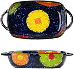 Vintage Style Pottery Bakeware Colorful Daisy Pattern Ceramic Casserole Dish Baking Pan Lasagna Pans Baking Dish with Handles from Oven to Table Plate-1 PCS, 22 OZ