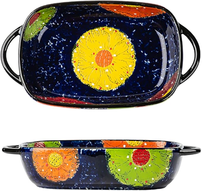 Vintage Style Pottery Bakeware Colorful Daisy Pattern Ceramic Casserole Dish Baking Pan Lasagna Pans Baking Dish with Handles from Oven to Table Plate-1 PCS, 22 OZ