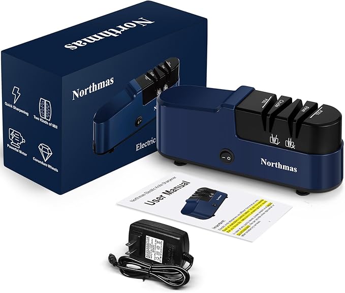 Northmas Knife Sharpener, Professional Electric Knife Sharpener for Home Use, 2 Stages for Quick Sharpening & Polishing, 100V-240V Global Voltage Design, Blue