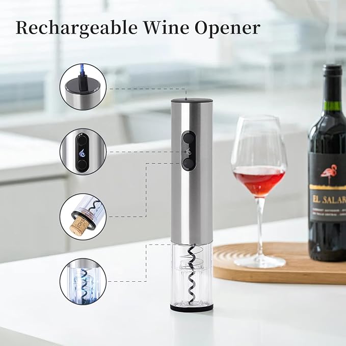 Electric Wine Opener Set by ELMWAY - Rechargeable Corkscrew Bottle Opener with Base/Wine Aerator Pourer/Foil Cutter/Wine Stopper/LED Light/Stainless Steel Shell, Gift for Wine Lover - Silver