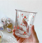Set of 2 12 OZ Floral Drinking Glasses French Glass Coffee Cup Cute Flower Glass Cups for Iced Coffee,Tea,Juice,Latte,Milk,Dessert,Stackable Glassware Drinkware Set(red white)