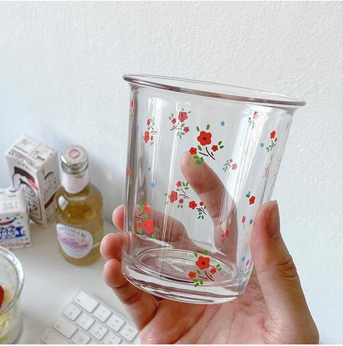 Set of 2 12 OZ French Floral Drinking Glasses Flower Glass Coffee Cup Cute Glass Cups for Iced Coffee,Tea,Juice,Latte,Milk,Dessert,Stackable Glassware Drinkware Set(red yellow)