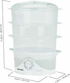 Kalorik Electric Food Steamer with Manual Controls 3-Tier with BPA Free Dishwasher Safe Baskets, 800 Watts and 60-Minute Timer Turbo Steam Feature and Easy Refill, 9-Quarts, White
