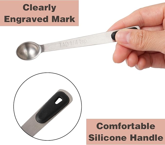 Mini Measuring Spoons Set, Tiny Stainless Steel Measure Teaspoons with Black Silicone Handle, Suitable for Small Amount of Dry or Liquid Ingredients and Spices (1/64, 1/32, 1/16, 1/8, 1/4 tsp)