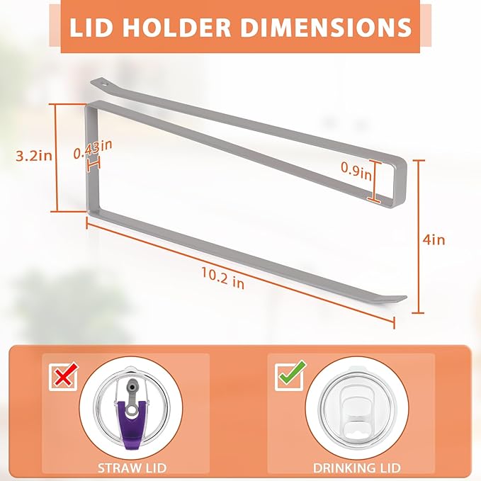 2 Pack Tumbler Lid Organizer, Horizontal Tumbler Lid Storage Hook to Hold Up 20 Lids, Space Saving Cup Lid Holders Under Cabinet Tumbler Lid Hook for Kitchen Organizer, Paper Towel Rack Hanger (Gray)
