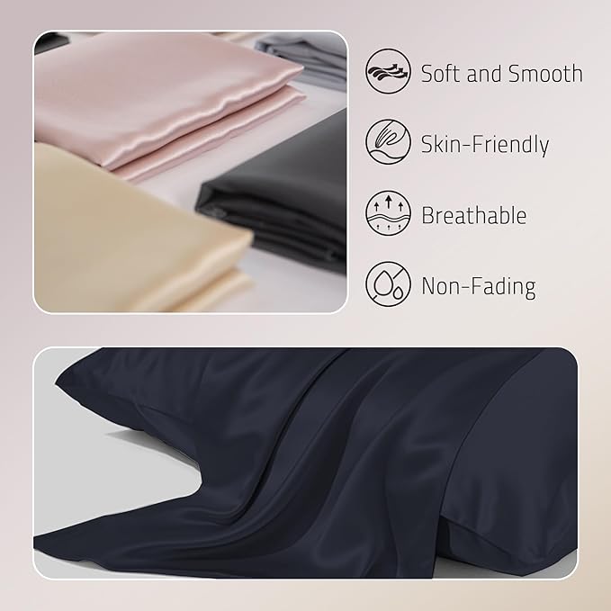 Mulberry Silk Pillow Case for Hair and Skin Prevent Acne Pillowcases Both Sides Real Silk Pillowcases Organic Silk Pillowcase with Hidden Zipper, Navy Blue, Queen (20"×30")