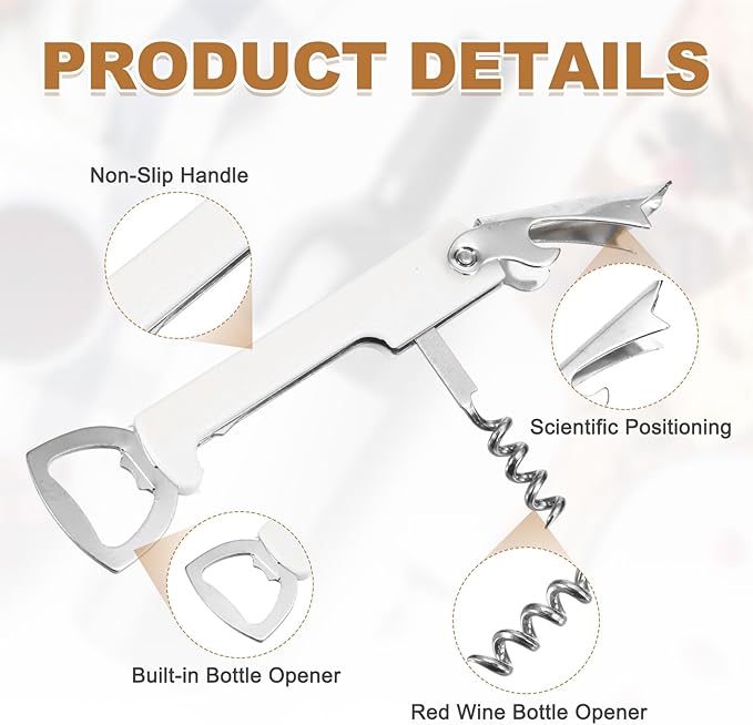uxcell 2 Pcs Wine Opener, Bottle Opener, Durable Stainless Steel Waiter's Corkscrew, Compact All-In-One Home Bar Tool for Bar, Party, Wedding, Home, Travel, White