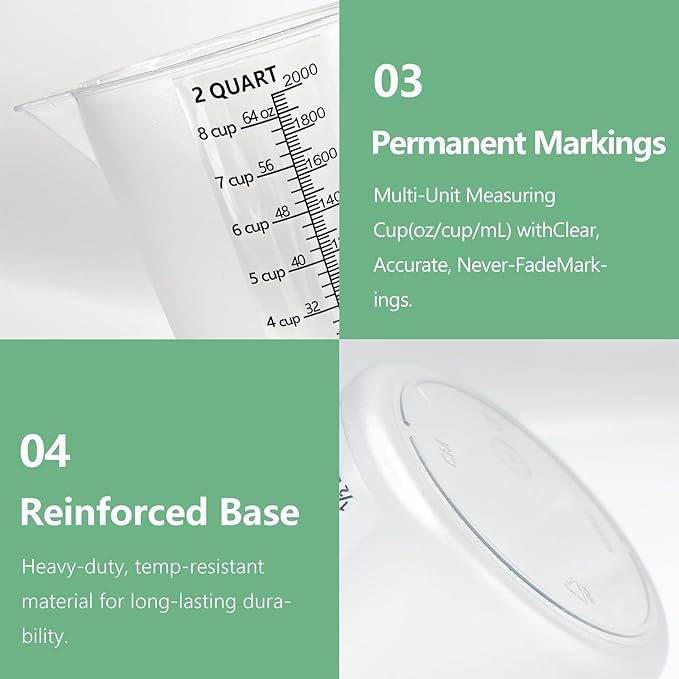 Plastic Measuring Cup with Handle, Pool Chemical Measuring Cup, Measuring Pitcher with Laser-Etched Markings for Liquid Mixing, Pouring, Lawn Care, Motor Oil, Lab Use (64 oz, 2000ml)