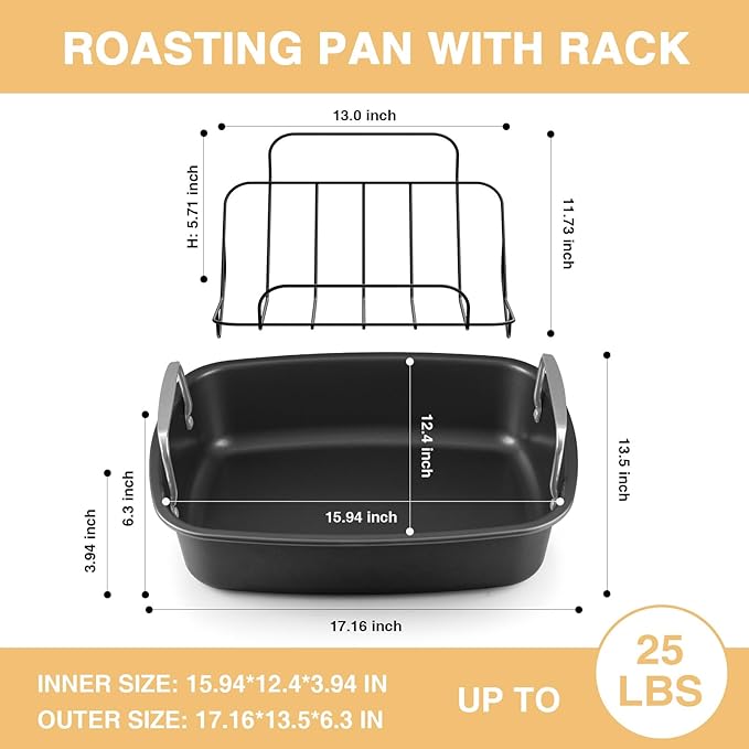 Nonstick Turkey Roasting Pan with Rack - 17×13 Inch Extra Large Roaster Pan, Deep Turkey Tray for Oven, U-Shaped Rack, Wider Handles, Ideal for Ovens, Thanksgiving, and Christmas
