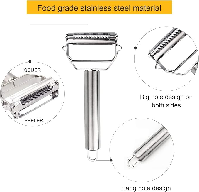 Vegetable Peeler, Julienne Cutter, Slicer, Shredder, Scraper - Fruit, Potatoes, Carrot, Cucumber 7" 3 in 1 Stainless Steel Dual Blade, Commercial Grade