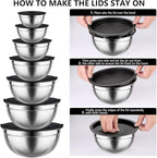 Leidawn Mixing Bowls with Lids set - 25 PCS Stainless Steel Nesting Black Mixing Bowls Set for Baking, Mixing, Serving & Prepping, Size 5, 3.7, 2.8, 2.3, 1.7, 1.1, 0.7QT, 11 Cooking Utensils