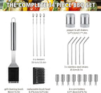 HUSSAR 34PCS BBQ Grill Tools Set Stainless Steel Grilling Accessories with Spatula, Tongs, Skewers for Barbecue, Camping, Kitchen, Complete Premium Grill Utensils Set in Storage Bag, Silver, (BTS-34)