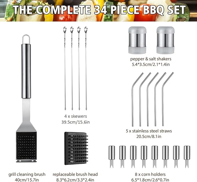 HUSSAR 34PCS BBQ Grill Tools Set Stainless Steel Grilling Accessories with Spatula, Tongs, Skewers for Barbecue, Camping, Kitchen, Complete Premium Grill Utensils Set in Storage Bag, Silver, (BTS-34)