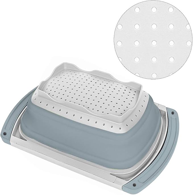 Qimh Collapsible Colander | Over The Sink Silicone Kitchen Strainers and Colanders with Extendable Handles | Veggies, Fruit and Pasta Foldable Strainer for Kitchen, 6-Quart, BPA Free