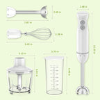 Bonsenkitchen Hand Blender, Immersion Blender with 2 Mixing Speed, 4-In-1 Stainless Steel Handheld Stick Mixer with Egg Whisk, Beaker & Chopper Bowl, for Baby Food, Soups, Smoothies, White