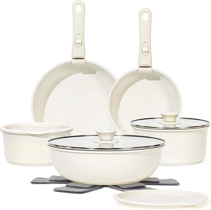 SODAY 15Pcs Pots and Pans Set Non Stick, Cookware Sets with Detachable Handle, Nonstick RV Kitchen Cooking Tools Removable Handles, Oven Safe, Induction Fast, Stackable Induction Cookware, White