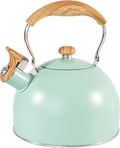 GGC Tea Kettle for Stove Top, 85OZ/2.6QT Whistling Tea Kettles for Boiling Water Milik or Coffee, Green Stainless Steel Tea Pots with Wood Pattern Folding Handle, Thumb Design Control Kettle Outlet