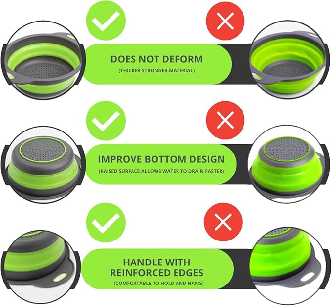 Small Collapsible Colander with Plastic Handles Round Silicone Kitchen Strainers Foldable Kitchen Strainer Perfect for Draining Pasta Vegetable and Fruit Green