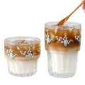 Ivymei Set of 2 Floral Drinking Glasses Cute Glass Coffee Cup Lily of the Valley Glass Cups for Juice,Iced Tea,Coffee,Latte,Dessert,Stackable Flower Glassware Drinkware Set(green)