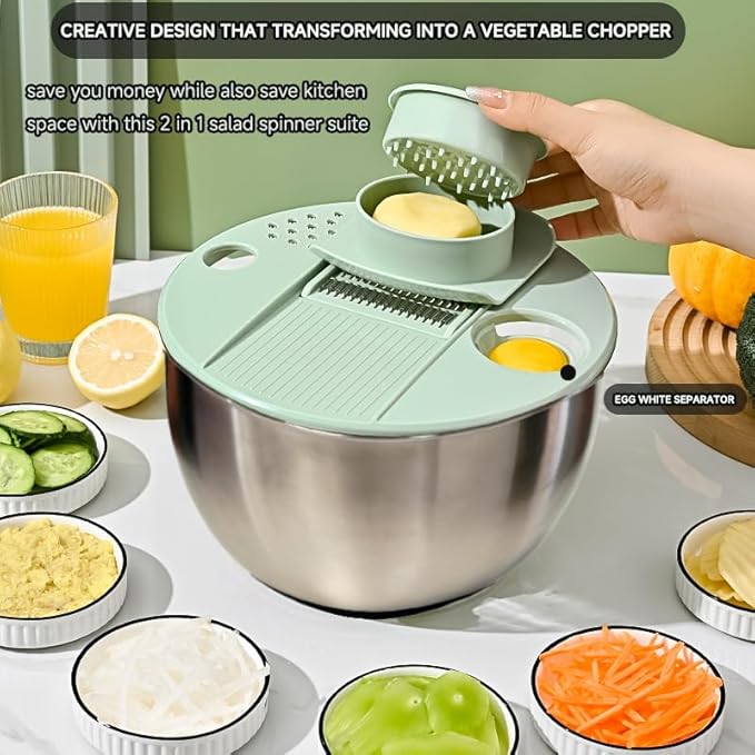 5 IN 1 Salad Spinner + Vegetable Chopper Peeler + Egg Yolk Separator, Large Lettuce Spinner Washer Dyer, with 5 Blades Slicer Cutter Veggie Chopper (304 Stainless Steel Bowl)
