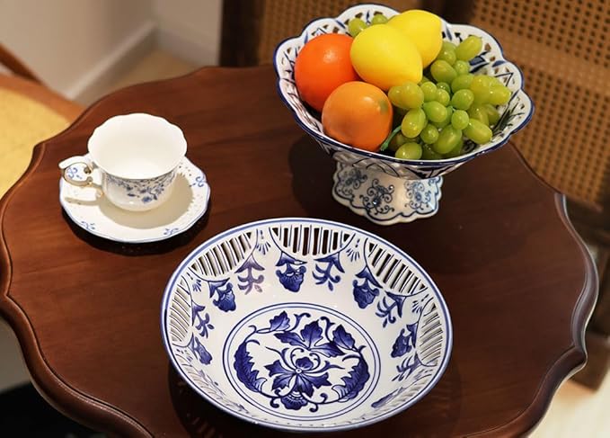 Aimusego Decorative Porcelain Fruit Serving Bowl Basket for Home and Kitchen, Chinoiserie Blue and White Floral Design, Scalloped Edge with Cutout Pattern (Leaf)