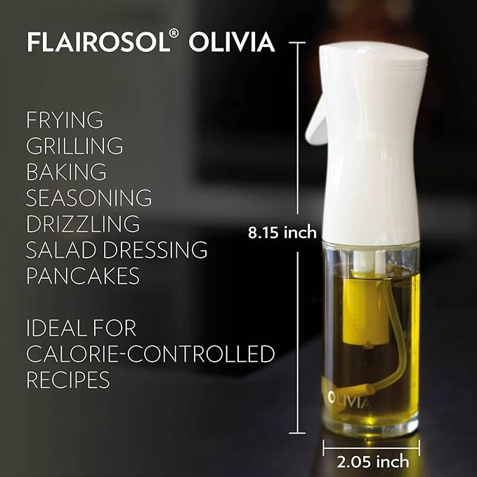 FLAIROSOL OLIVIA SIGNATURE Advanced Kitchen Oil Sprayer Technology, Fine Mist & Portion Control, Refillable Glass Olive Oil Cooking Spray Bottle for Air Fryer, Salad, BBQ, 130ml (Gold Print)