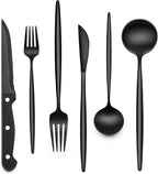 EWFEN 24-Piece Black Silverware Set with Steak Knives, Black Flatware Set for 4, Food-Grade Stainless Steel Tableware Cutlery Set, Mirror Finished Utensil Sets for Home Restaurant, Long Edge