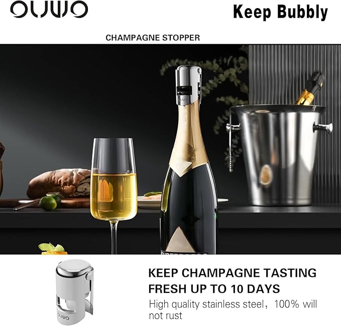 Champagne Stopper 6 Pack Stainless Steel Champagne Save with Food Grade Silicone, Leak-Proof Bubble Retaining Saver, Suitable for Champagne Prosecco Cava and Sparkling (Silver)