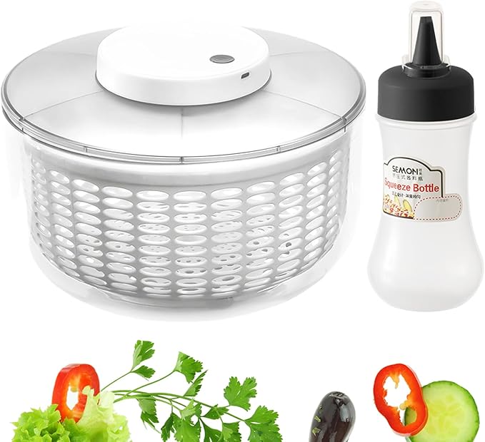 Electric Salad Spinner,6L Large Capacity Automatic Vegetables Fruit Washer Dryer Drainer Strainer,USB Charge Lettuce Spinner Cleaner with 350 ml Squeeze Bottle for Home Kitchen