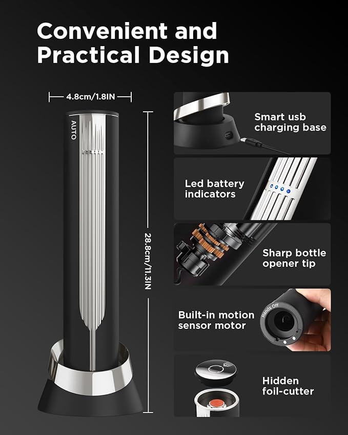 Luxury Automatic Electric Wine Opener with Charging Base, Built-in Foil Cutter - Rechargeable Wine Bottle Opener | Gift for Wine Lovers