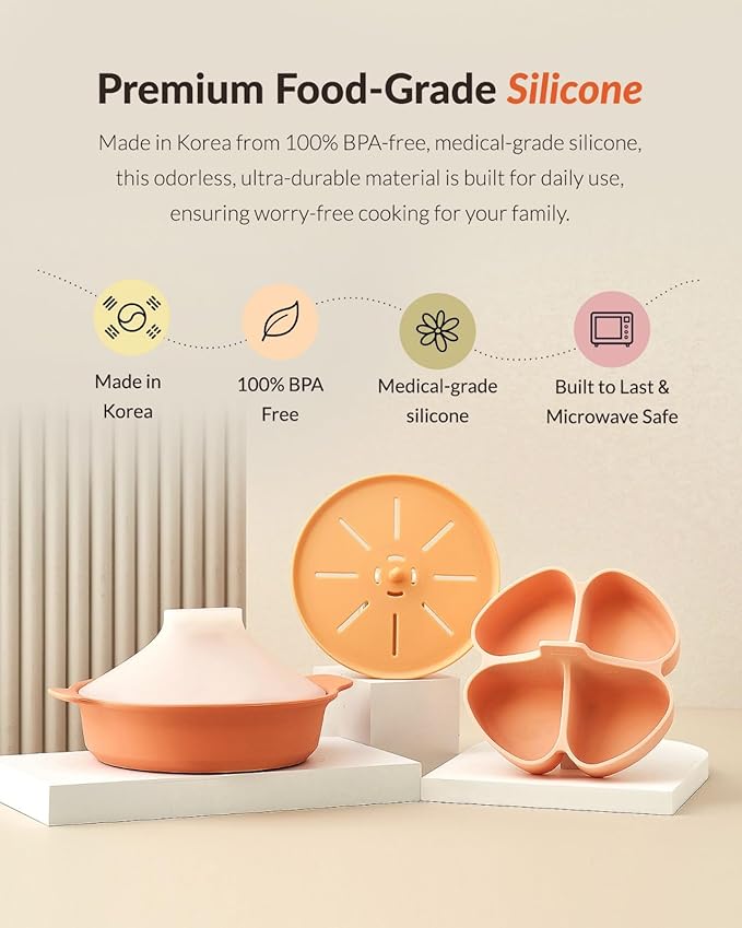 Moyuum Silicone Microwave Divided Steamer | Made in Korea, Baby Food Maker Bowl with 4 Compartment Divider and Steaming Tray, Steam Cooking Pot for Purees and Vegetables, Dishwasher Safe - Terra Cotta