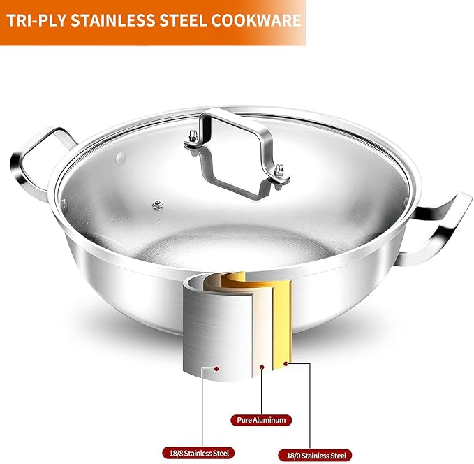 Delarlo Tri-Ply Stainless Steel 13 inch Everyday Pan with Glass Lid, Deep Saute Pan, High Side Kitchen Cooking Pot, Chef's Pans, Induction Deep Frying Pan, 5QT Stock Pot, Up to 550℉