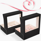 qiqee Auto-pop Up Cupcake Boxes with Window Black 40PCS 12 Count Cupcake Box 13"x10"x3.5" Cupcakes Carrier, 12 Cupcake Containers with 2 rolls of pink ribbons