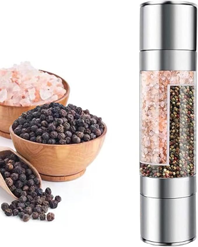 Salt and Pepper Shakers Grinder Set,2 in 1 Salt Grinder Refillable,Salt Shaker,Pepper Grinder（Stainless Steel - 8.7 Inch)