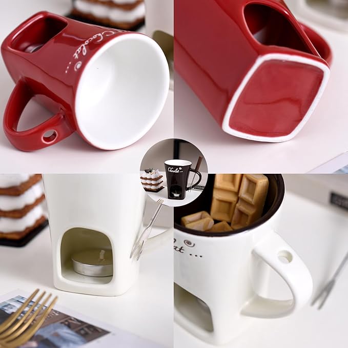Chocolate Fondue Mug with Fork, Chocolate Fondue Cup, Personal Chocolate Melting Cup for Cheese, Ceramic Chocolate Melting Cup, Chocolate Melting Mug For Date Night Birthday Wedding Gifts (Black)