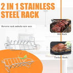 Turkey Roaster Roasting Rack with Pan, Stainless Steel Poultry Turkey Roasting Pan for Smoker Smoking and Grilling/Dual Purpose fit for Oven, Large Size Big Green Egg and Kamado Joe Etc