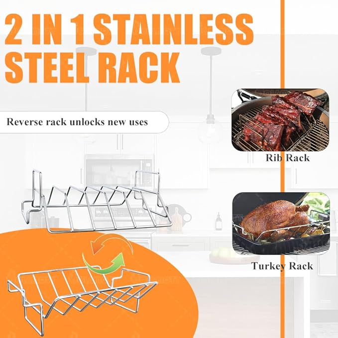 Turkey Roaster Roasting Rack with Pan, Stainless Steel Poultry Turkey Roasting Pan for Smoker Smoking and Grilling/Dual Purpose fit for Oven, Large Size Big Green Egg and Kamado Joe Etc