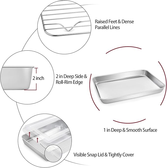 TeamFar Toaster Oven Pans, 10.5’’ x 8’’ Stainless Steel Small Bakeware with Rack & Lid for Baking Cooling Storing, Non-Toxic & Heavy Duty, Deep & Visible Lid, Dishwasher Safe-4 PCS