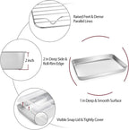 TeamFar Toaster Oven Pans, 10.5’’ x 8’’ Stainless Steel Small Bakeware with Rack & Lid for Baking Cooling Storing, Non-Toxic & Heavy Duty, Deep & Visible Lid, Dishwasher Safe-4 PCS