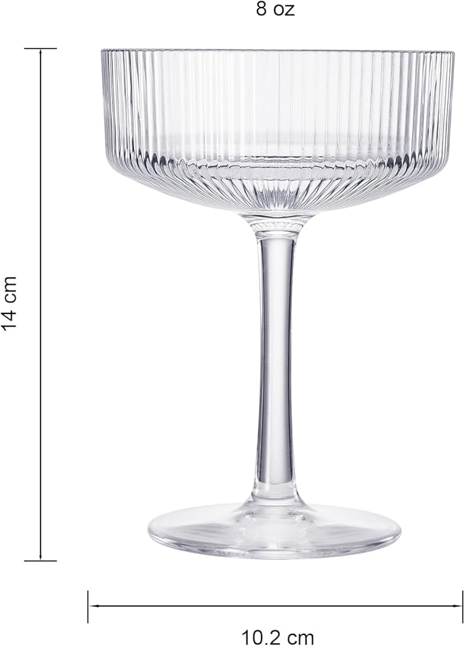 ACRYLIC Ribbed Coupe Glasses Set of 2 – 8oz Clear Shatterproof Acrylic (NOT GLASS) Cocktail, Martini & Champagne – 4in Dia 5.5in Tall, Reusable Plastic Cocktail Coupes, Towers, Indoor & Outdoor Use