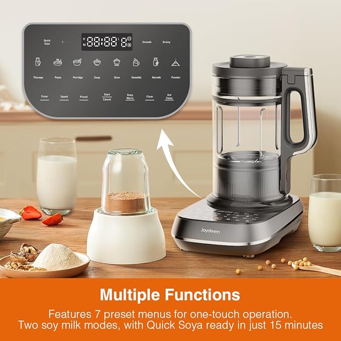 Joydeem Soymilk Maker Machine, Heated Blender with Grind Cup, Low Noise Variable Frequency Brushless Motor, 1.75L Capacity, Black, JD-B1Pro