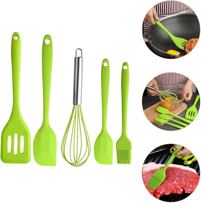 VALICLUD Silicone Kitchen Cooking Utensils Set 5pcs Heat Resistant Non-stick Baking Tools Green Household Cooking Gadgets for Home Use