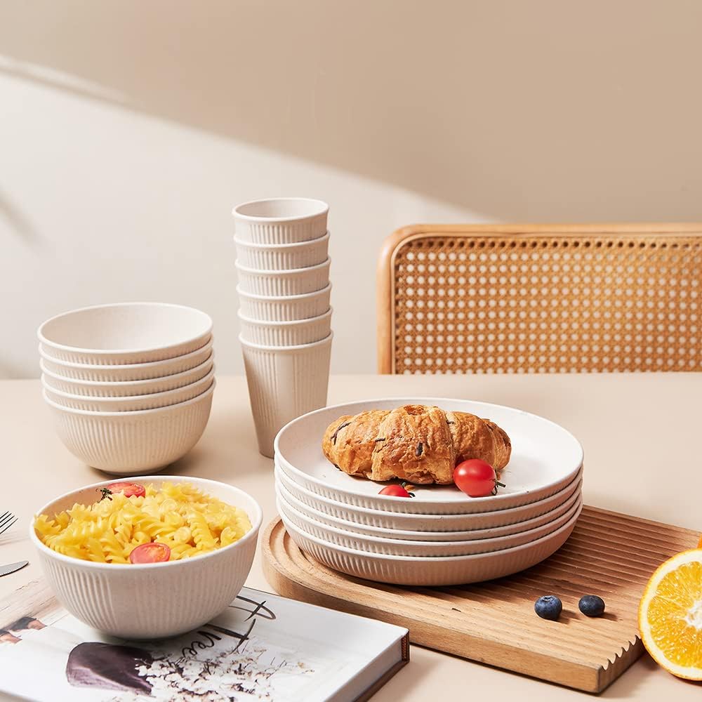 18 Piece Wheat Straw Dinnerware Set – Unbreakable Reusable Plates & Bowls