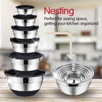 Rottay Mixing Bowls Set with Airtight Lids, 20PCS Stainless Steel, Nesting Bowls with 3 Grater Attachments & Non-Slip Bottoms, Size7, 4, 3, 2, 1.5, 1QT Bowls for Baking&Prepping