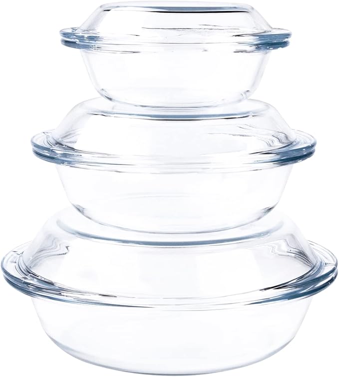Set of 6 Round Glass Casserole Dishes, Nesting Glass Baking Dish Set with Lid, Oven, Freezer and Dishwasher Safe. - 0.5QT+1QT+1.8QT