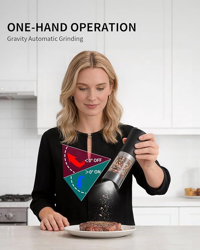 CIRCLE JOY Gravity Sensor Salt and Pepper Grinder Set with Charging Base, Electric Salt and Pepper Mills Set with LED Light, Adjustable Coarseness, No Battery Needed, for Home Kitchen BBQ